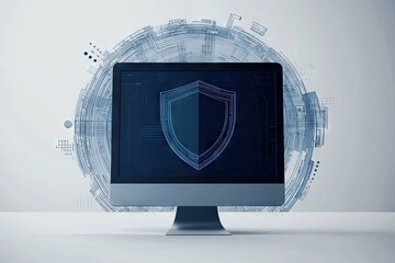 Poster - A modern computer screen displaying a digital shield symbol. representing cybersecurity and protection. set against a backdrop of abstract blue technology graphics