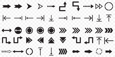Poster - Arrows set of 50 black icons. Arrow icon. Arrow vector collection. Arrow. Cursor. Modern simple arrows. Vector illustration on Transparent Background. EPS 10.