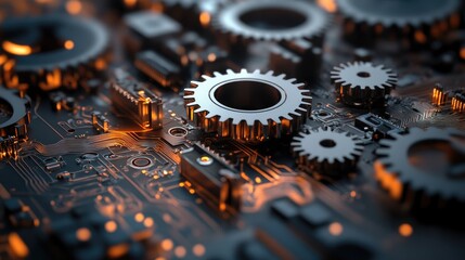 Poster - Close-up view of intricate mechanical gears and components illuminated by warm orange light. showcasing advanced technology in a dark environment. ideal for industrial or engineering themes