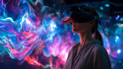 Poster - Woman in VR headset looking at holographic abstract interface of augmented reality. Concept of future technology of entertainment, virtual reality.  Female face profile lit by 3d hud interface. 