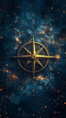 Wall Mural - in the darkness of space, a golden compass sits surrounded by clouds of celestial dust, emitting a r