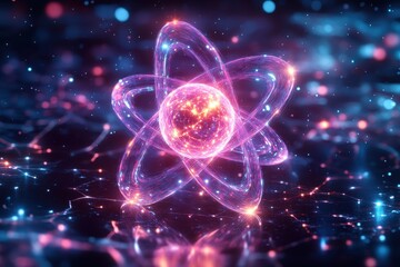 Fototapete - Vibrant abstract representation of an atom surrounded by colorful orbs in a dark background, showcasing energy and scientific concepts