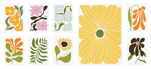 Aufkleber - Botanical doodle background art vector set. Flower and leaves abstract shape doodle art design for print, wallpaper, clipart, wall art for home decoration.