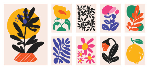 Poster - Botanical doodle background art vector set. Flower and leaves abstract shape doodle art design for print, wallpaper, clipart, wall art for home decoration.