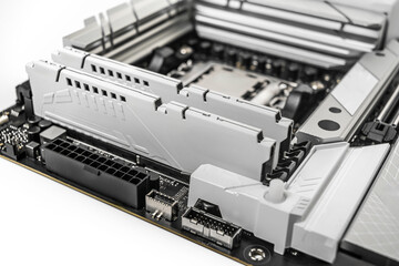 Poster - High-performance motherboard showing two installed RAM modules with a sleek heatsink design in a black-and-white color scheme.