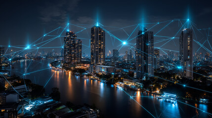 Poster - Artificial intelligence looking at smart city, connected with planet through global mobile internet on phone. AI control city infrastructure, data traffic, ensure safety. World communication concept.