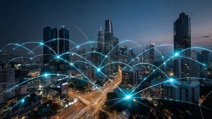 Poster - Artificial intelligence looking at smart city, connected with planet through global mobile internet on phone. AI control city infrastructure, data traffic, ensure safety. World communication concept.