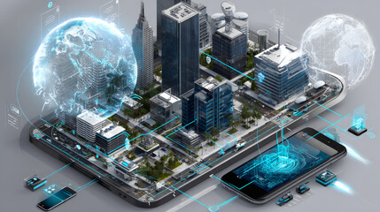 Poster - Artificial intelligence looking at smart city, connected with planet through global mobile internet on phone. AI control city infrastructure, data traffic, ensure safety. World communication concept.