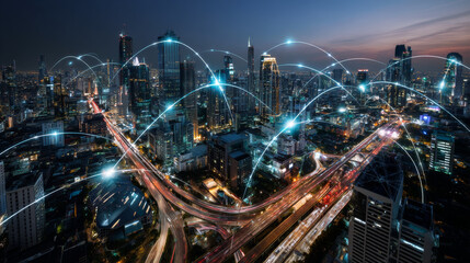 Poster - Artificial intelligence looking at smart city, connected with planet through global mobile internet on phone. AI control city infrastructure, data traffic, ensure safety. World communication concept.