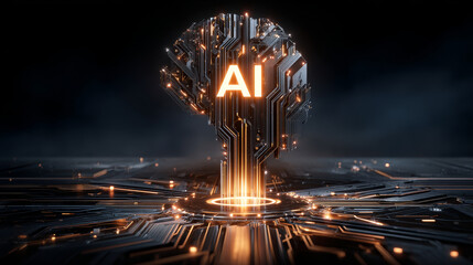 Poster - artificial intelligence technology conceptual banner. ai neon letter in dark background links with i