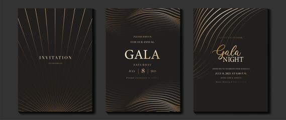 Aufkleber - Luxury wedding invitation card background vector. Golden elegant geometric shape, gold wavy lines on brown background. Premium design illustration for wedding and vip cover template, banner, poster.