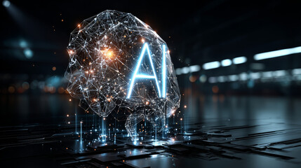 Poster - artificial intelligence technology conceptual banner. ai neon letter in dark background links with i