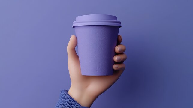 A purple coffee cup with a white lid is being held by a human hand, with the scene set against a uniform purple background