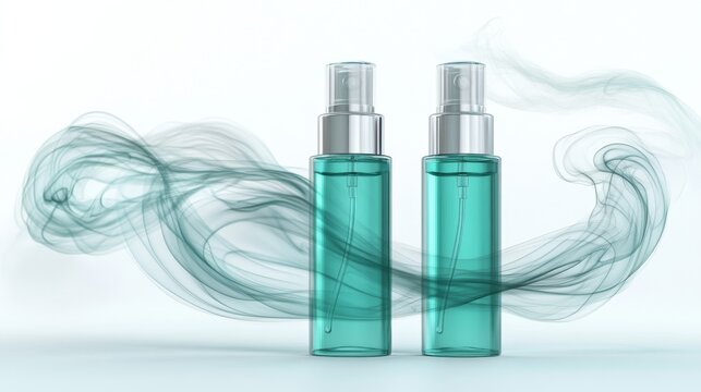 Two steel cylinders, standing vertically with swirling blue streams, are set against a stark white background, resulting in a dynamic composition