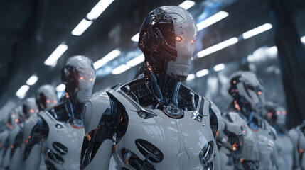 Poster - A team of cyborg robots works with a virtual 3d interface in cyberspace. An anthropomorphic bionic Android with artificial intelligence manages a team of workers. The fourth industrial revolution.