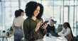 © peopleimages.com - Woman, phone and happy at meeting, texting and scroll with notification for deal at financial company. Business person, smartphone and smile with mobile app for contact, lead or proposal at agency