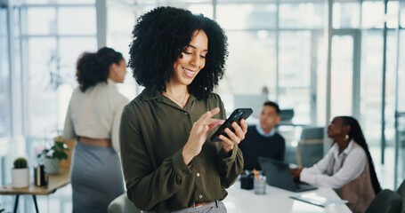 Aufkleber - Woman, phone and happy at meeting, texting and scroll with notification for deal at financial company. Business person, smartphone and smile with mobile app for contact, lead or proposal at agency