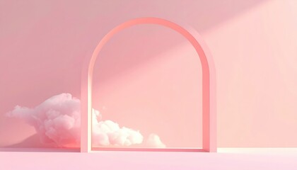 Poster - Dreamlike pink archway with clouds minimalist interior design soft light serene atmosphere