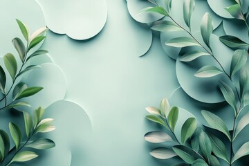 Poster - Leafy greens and soft circular shapes create a tranquil backdrop for artistic design in a serene, pastel environment focusing on nature-inspired elements