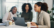 © peopleimages.com - Teamwork, meeting or business women with laptop for feedback, collaboration or investment. Coworking, technology or financial advisors talking for project research, budget growth or risk management