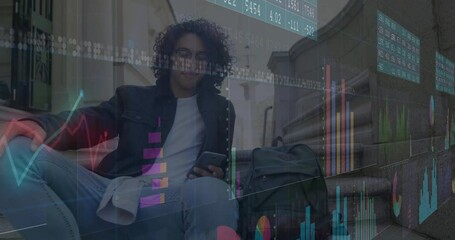 Poster - Man sitting on stone steps outside building, interacting with floating finance bar charts
