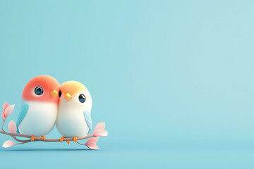  Two adorable cartoon birds perched on a branch, sharing a sweet moment against a soft blue background