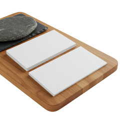 Two white cards isolated on transparent background on wood, mockup use