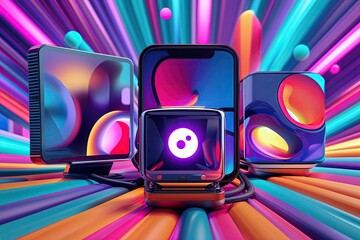 Poster - Three-Dimensional Technology Devices on Vibrant Abstract Backgrounds