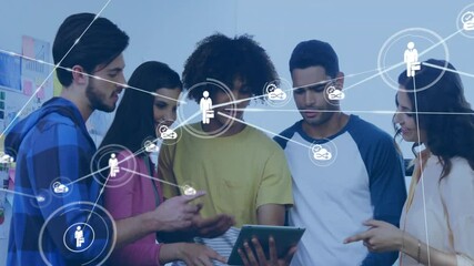 Poster - Business team collaborating around tablet in office workspace, displaying animated network icons