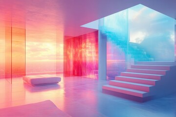 Poster - Stunning modern interior design showcases vibrant colors and open space in a dreamy atmosphere at sunset