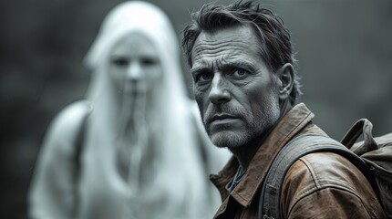  Man with backpack faces mysterious figure in a dense forest during twilight hours