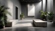 © Ilqara - 3D rendered gallery with concrete walls, a white billboard, and indoor plants. Interior for exhibitions and visual presentations.
