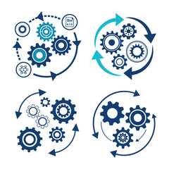 Four circular diagrams with gears and arrows on a white background