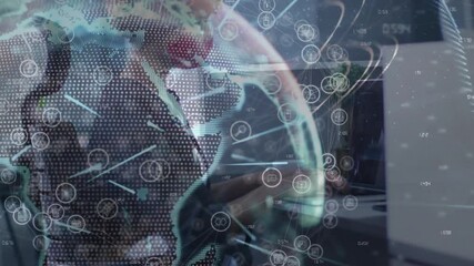 Poster - Office worker typing on laptop at workstation, displaying digital globe network and chart graphics