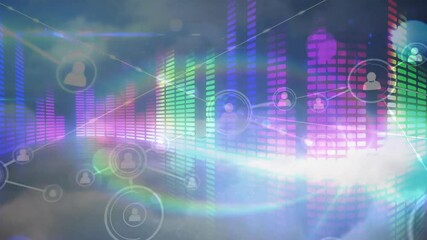 Poster - Animating holographic network connecting user icon nodes over colorful equalizer bars in arc