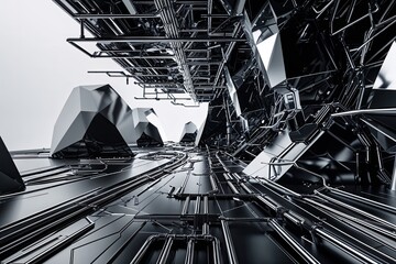 Poster - Stylish Black and Silver Abstract Poster Showcasing Dynamic Technology Structures and Connectivity