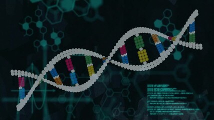 Poster - 3D render DNA helix undulating across frame, showing nucleotide clusters with hexagonal overlays
