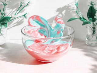 Poster - Colorful Swirl of Pink and Blue Cream in a Glass Bowl Surrounded by Fresh Green Plants and Blooms on a Light Wooden Surface