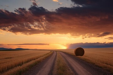Wall Mural - hay bale near farm field road at sunset