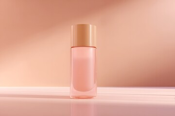 Poster - Elegant Skin Care Product Mockup Displaying Pink Bottle on Peach Backdrop With Natural Lighting and Shadows Creating Serene Aesthetic