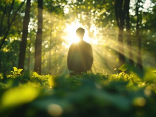 Wall Mural - person silhouetted in forest sunlight