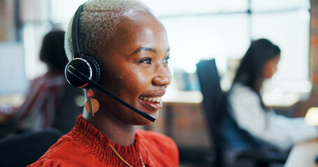 Aufkleber - Call center, agent and woman with headset, happy and lead generation with tech, smile and conversation. Telemarketing, consultant and person with microphone for sales, communication and friendly