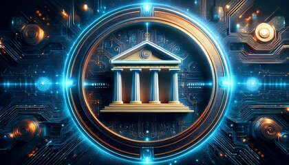 Poster - Futuristic digital bank concept with glowing circuit board background and neoclassical building illustration, blockchain technology, digital finance