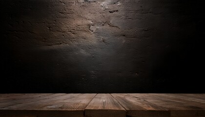 Poster - Rustic wooden table with a dark textured wall backdrop, creating a moody and atmospheric background for product display or presentation with space for copy.