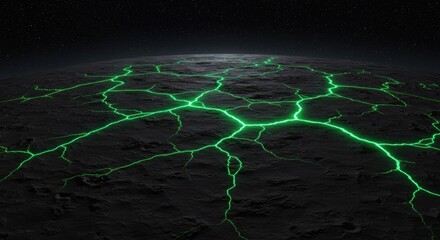 Cracked alien world a desolate sphere marked by glowing green fissures under a starlit expanse