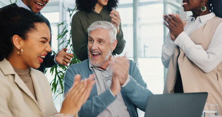 Aufkleber - Laptop, excited business people or applause for achievement, milestone or celebrate financial profit. Team manager, happy or clapping for success, good news or well done for investment goal in office