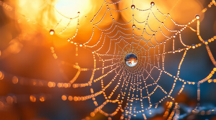 Spiderweb with Dewdrops in Sunlight