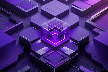 Poster - Vibrant Abstract Hexagonal Canvas Art in Purple with Futuristic Technology Elements