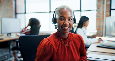 Aufkleber - Portrait, business and woman with headset at call centre for customer service, contact us and advisor. African person, consultant and online assistance for crm advice, career pride and helping client