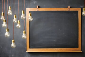 Poster - A Classic Chalkboard Displayed Against Dark Wall with Hanging Vintage Bulbs and Ample Copyspace Ready to Showcase Your Great Education Projects